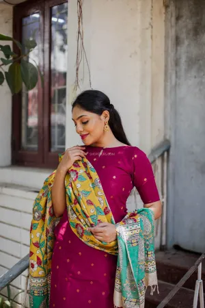 Maroon Dupion Suit Set with Silk Kalamkari Dupatta