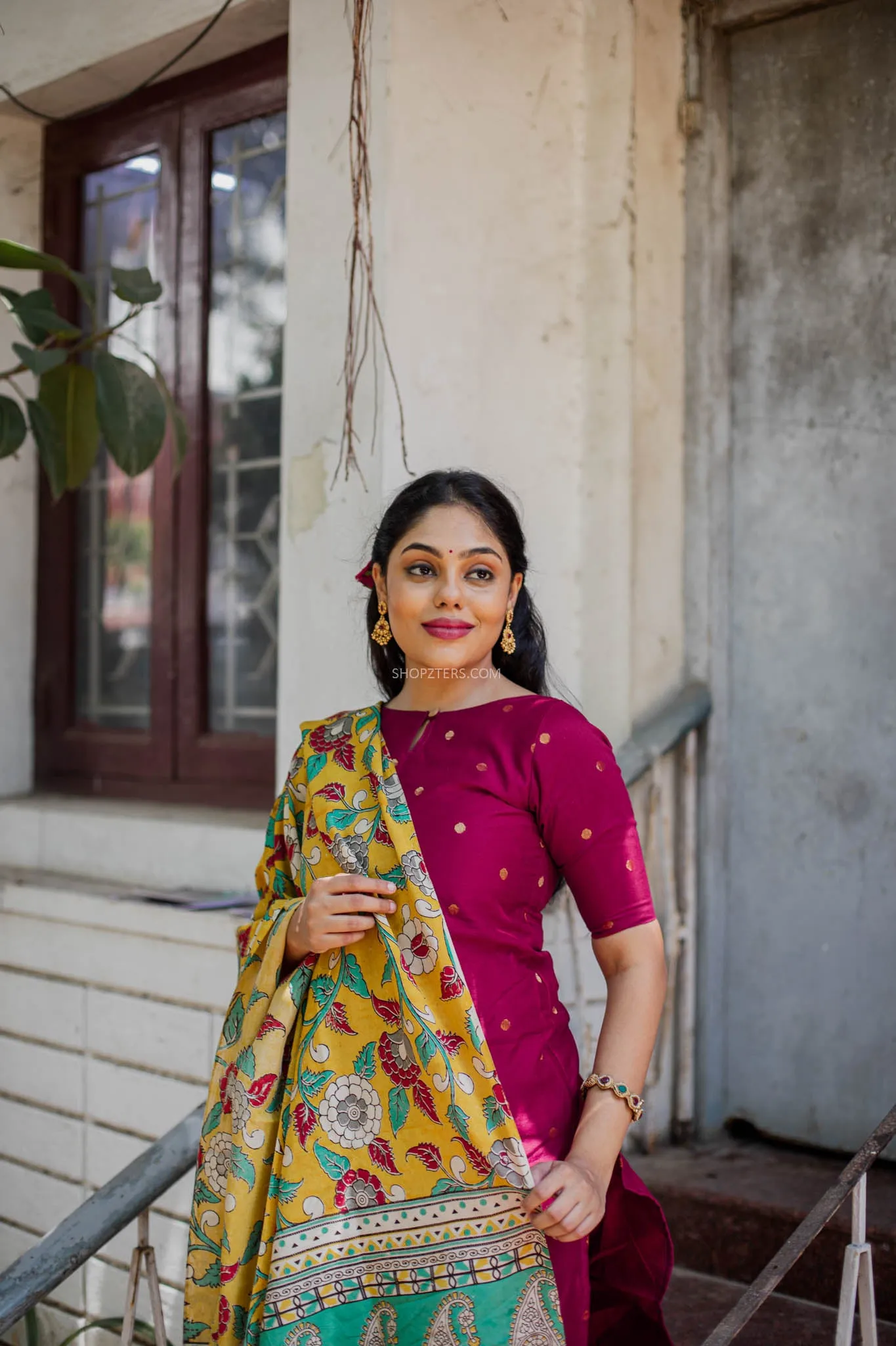Maroon Dupion Suit Set with Silk Kalamkari Dupatta