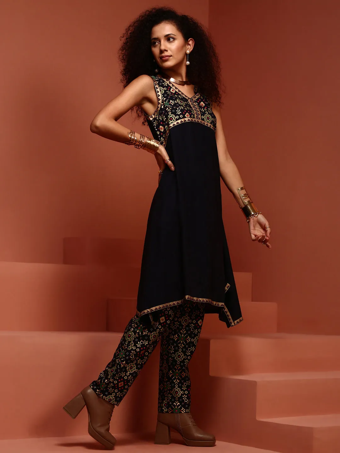 Navy Asymmetric Kurta Set