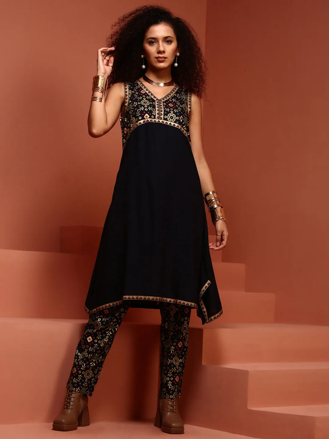 Navy Asymmetric Kurta Set
