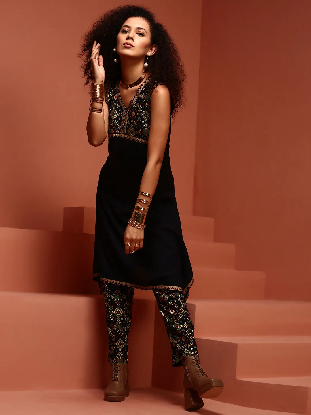 Navy Asymmetric Kurta Set