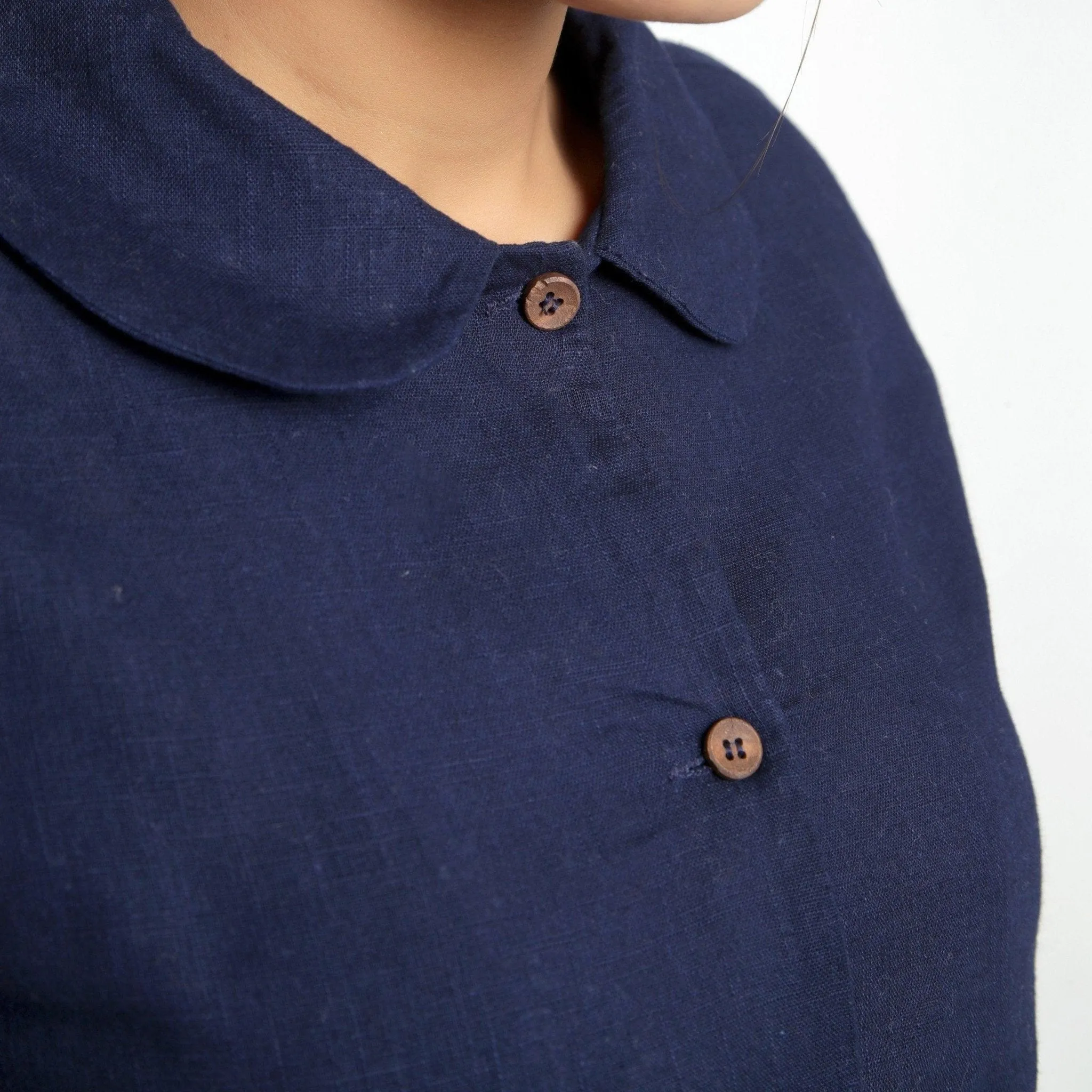 Navy Blue Cotton Flax Peter Pan Collar Shirt