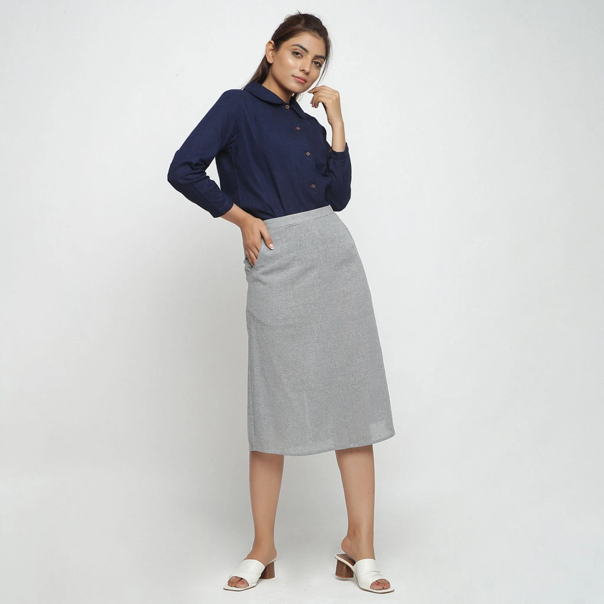 Navy Blue Cotton Flax Peter Pan Collar Shirt