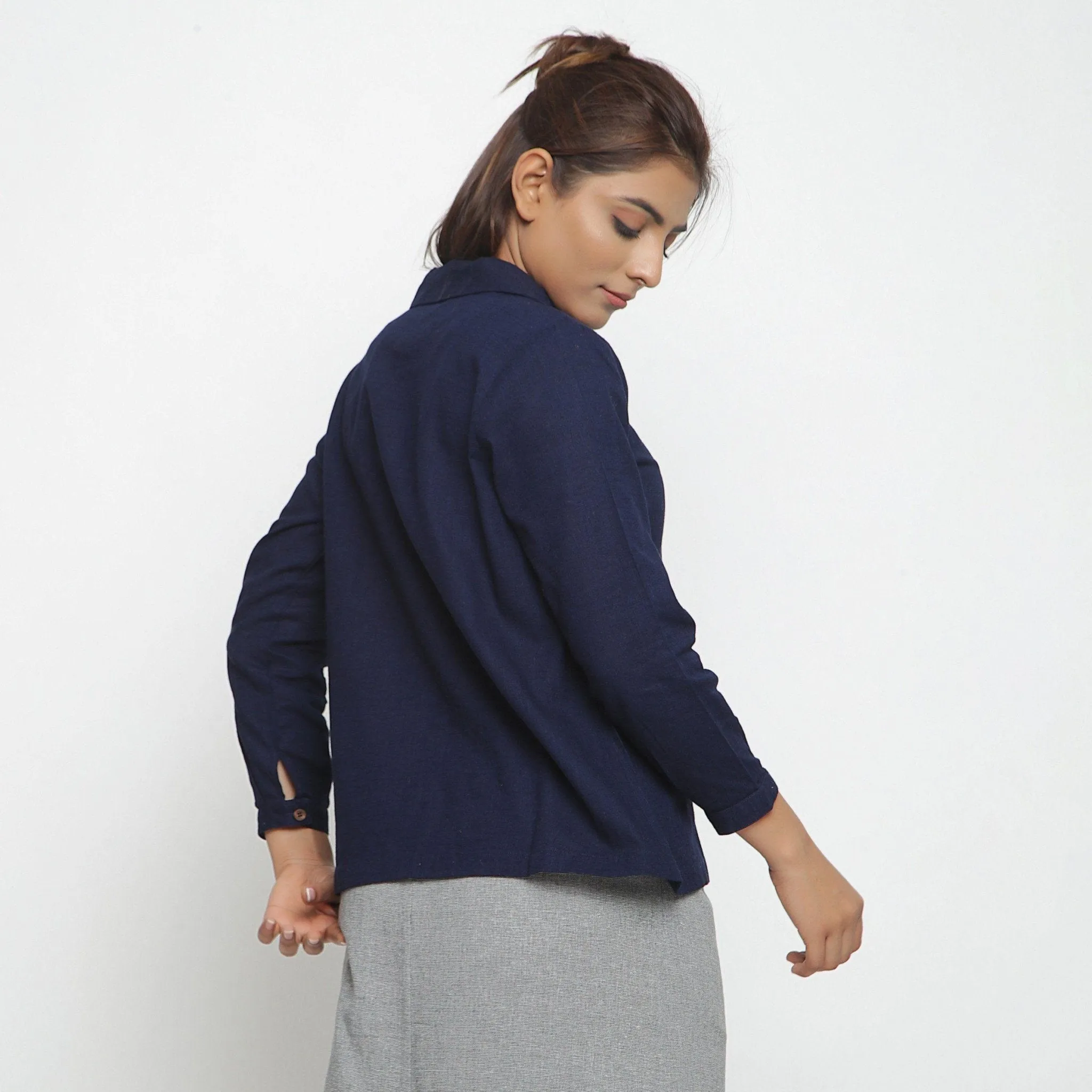 Navy Blue Cotton Flax Peter Pan Collar Shirt