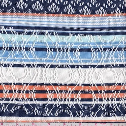 Navy/Orange/Mint Stripe Pointelle Knit Fabric