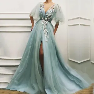 Nukty Light Green Fairy Prom Dress Appliques 3D Flowers Short Sleeves Tulle Evening Gown Side Split Celebrity Party Dress
