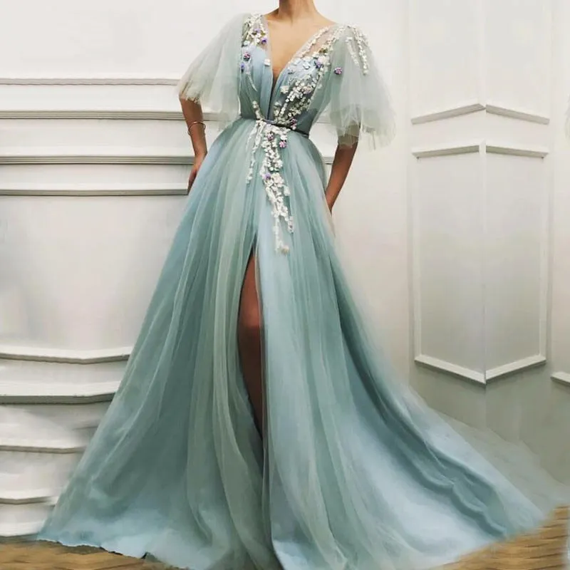 Nukty Light Green Fairy Prom Dress Appliques 3D Flowers Short Sleeves Tulle Evening Gown Side Split Celebrity Party Dress