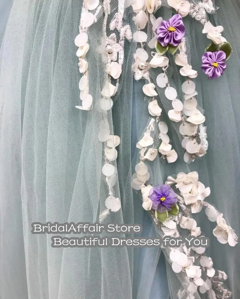 Nukty Light Green Fairy Prom Dress Appliques 3D Flowers Short Sleeves Tulle Evening Gown Side Split Celebrity Party Dress