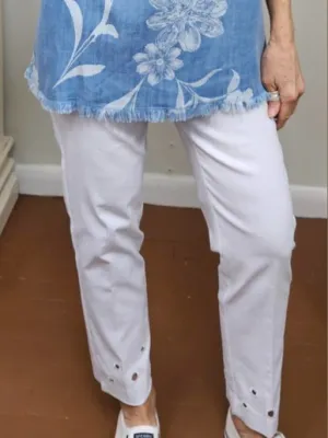Pants - Women - Ankle with Front pockets - White - Cirlces in botton of leg - M14707PM