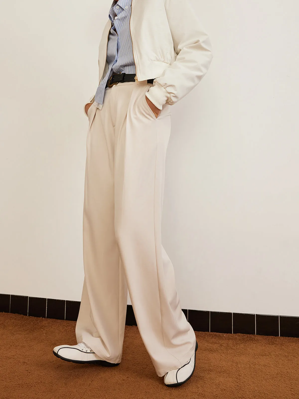 Pleated High-Waist Belted Pants