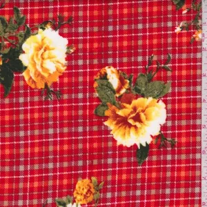 Red/Yellow Plaid Floral Double Brushed Jersey Knit Fabric