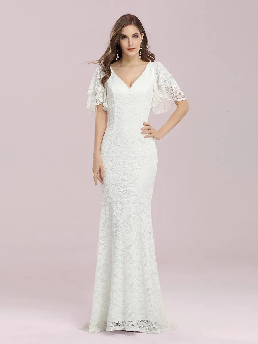 Romantic V Neck Wholesale Mermaid Wedding Dress with Flutter Sleeves EP00394