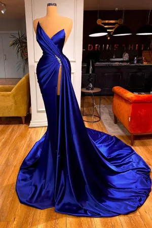 Royal Blue Long Mermaid V-neck Prom Dress With Split