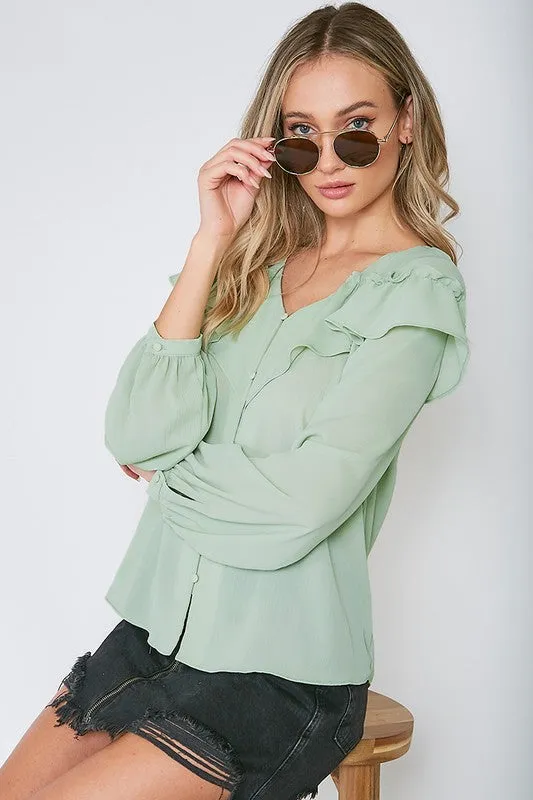 Sage V Neck Ruffled Shoulder Button Trim Blouse