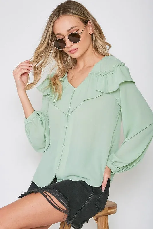 Sage V Neck Ruffled Shoulder Button Trim Blouse