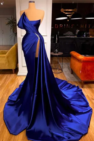 Sexy Royal Blue Long Mermaid Satin Prom Dress With Slit