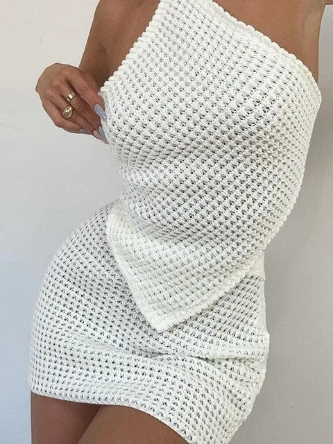 Soft Sexy  Waffle Knit 2 Two Piece Sets Women Diamond Lace Top And Skits 2pc Sets