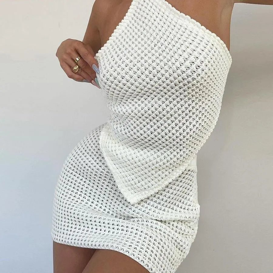 Soft Sexy  Waffle Knit 2 Two Piece Sets Women Diamond Lace Top And Skits 2pc Sets