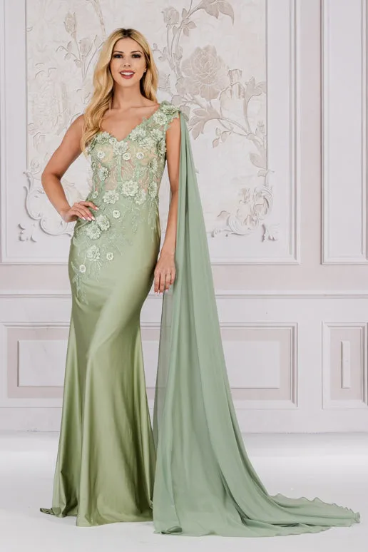 Strap One Shoulder 3D Floral Applique Mermaid Long Formal Dress