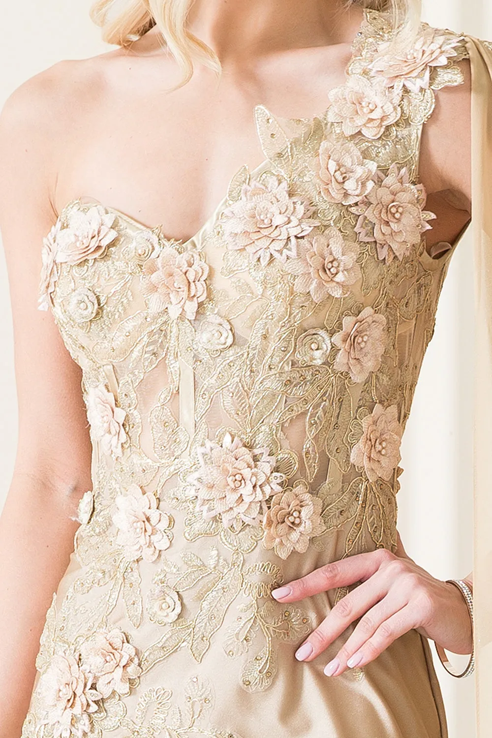 Strap One Shoulder 3D Floral Applique Mermaid Long Formal Dress