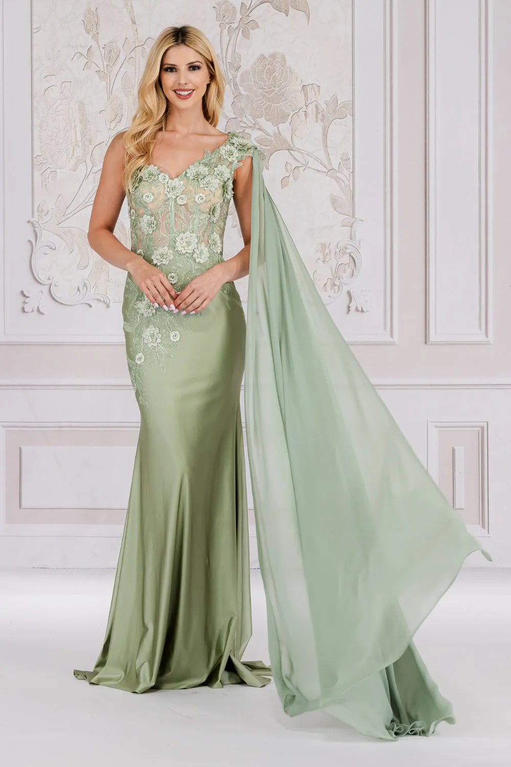 Strap One Shoulder 3D Floral Applique Mermaid Long Formal Dress