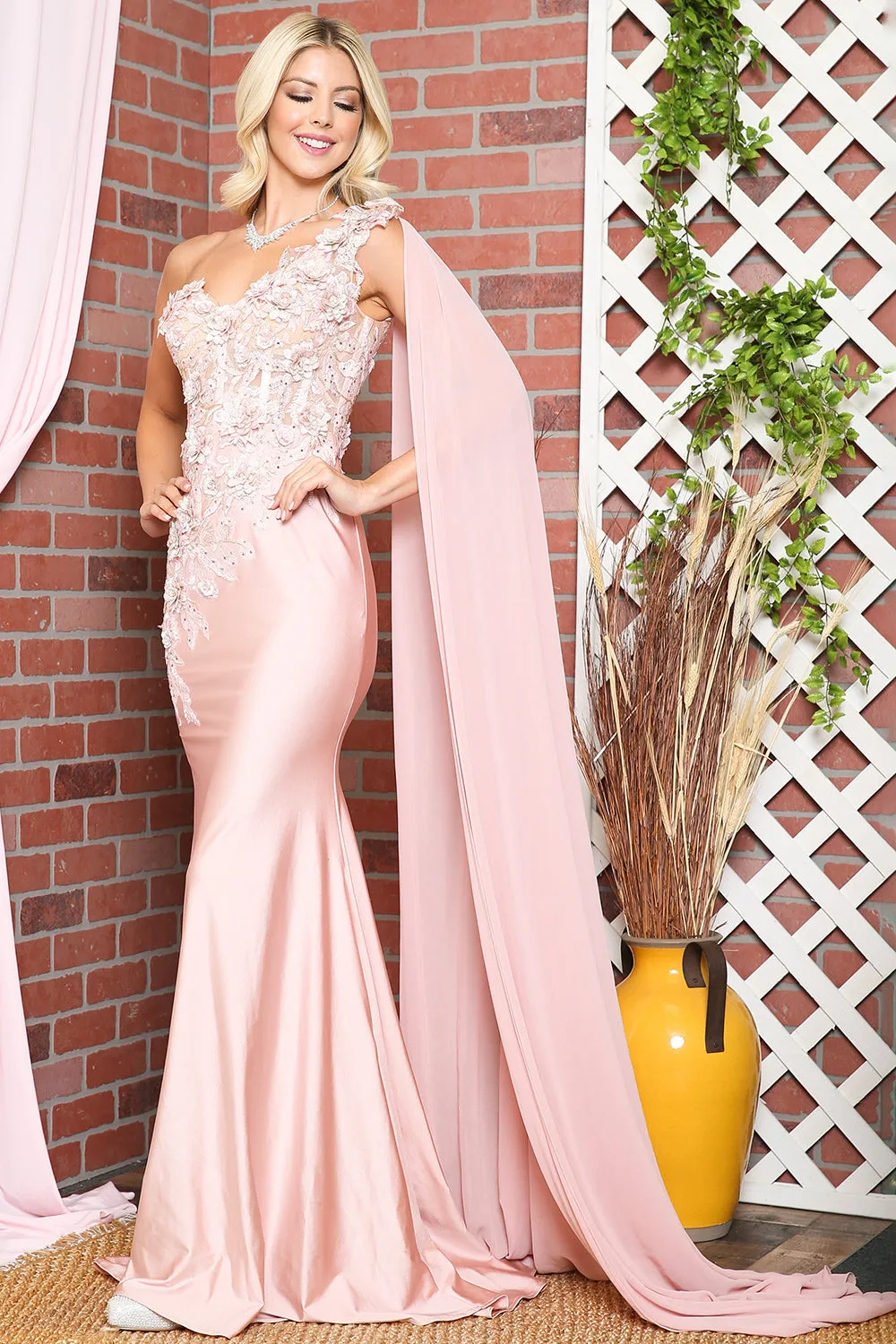 Strap One Shoulder 3D Floral Applique Mermaid Long Formal Dress