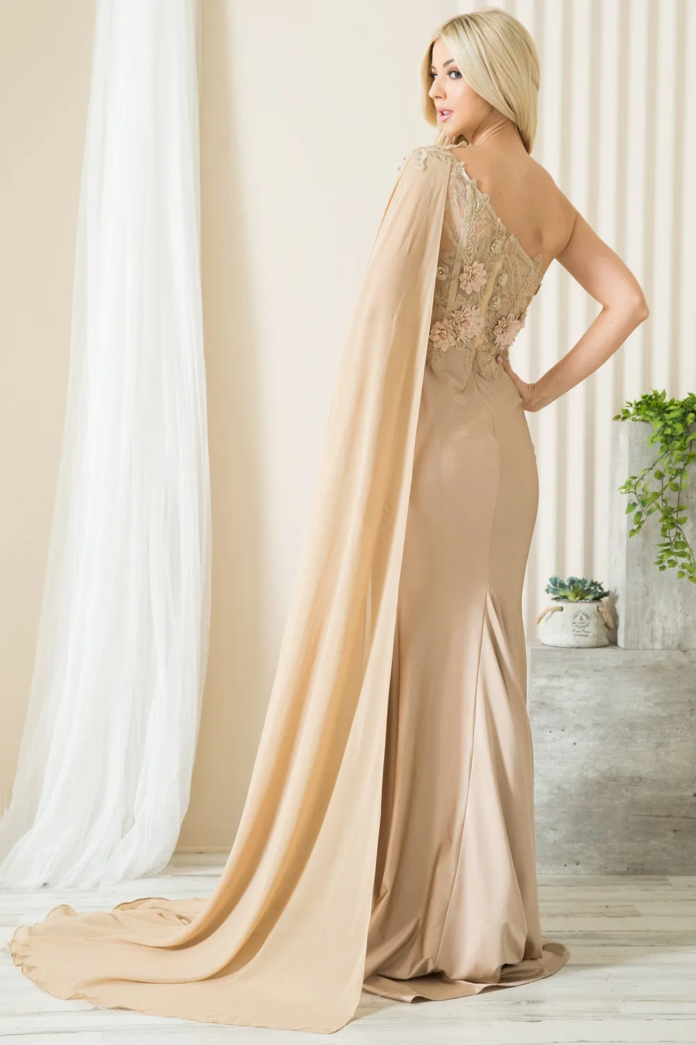 Strap One Shoulder 3D Floral Applique Mermaid Long Formal Dress