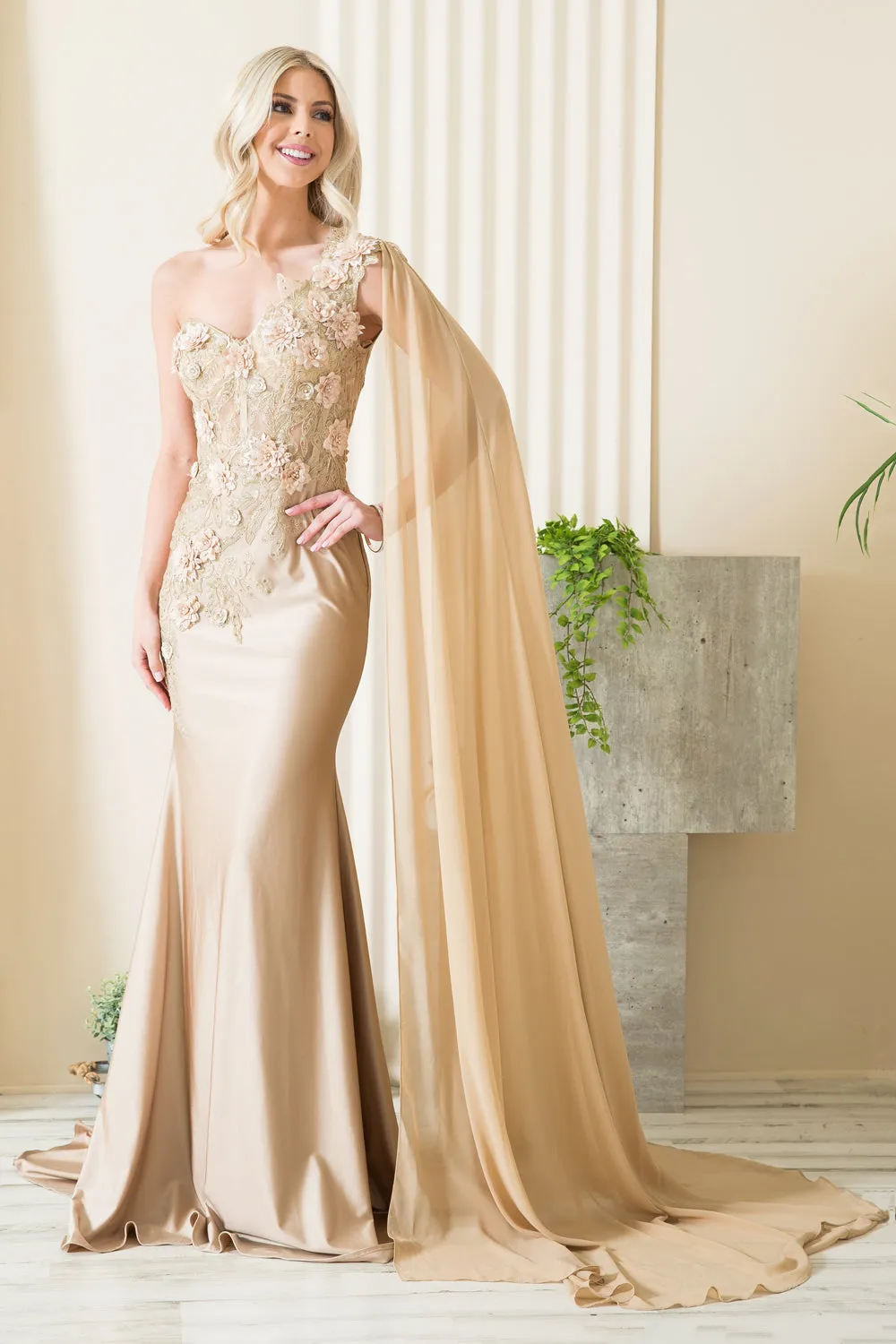 Strap One Shoulder 3D Floral Applique Mermaid Long Formal Dress