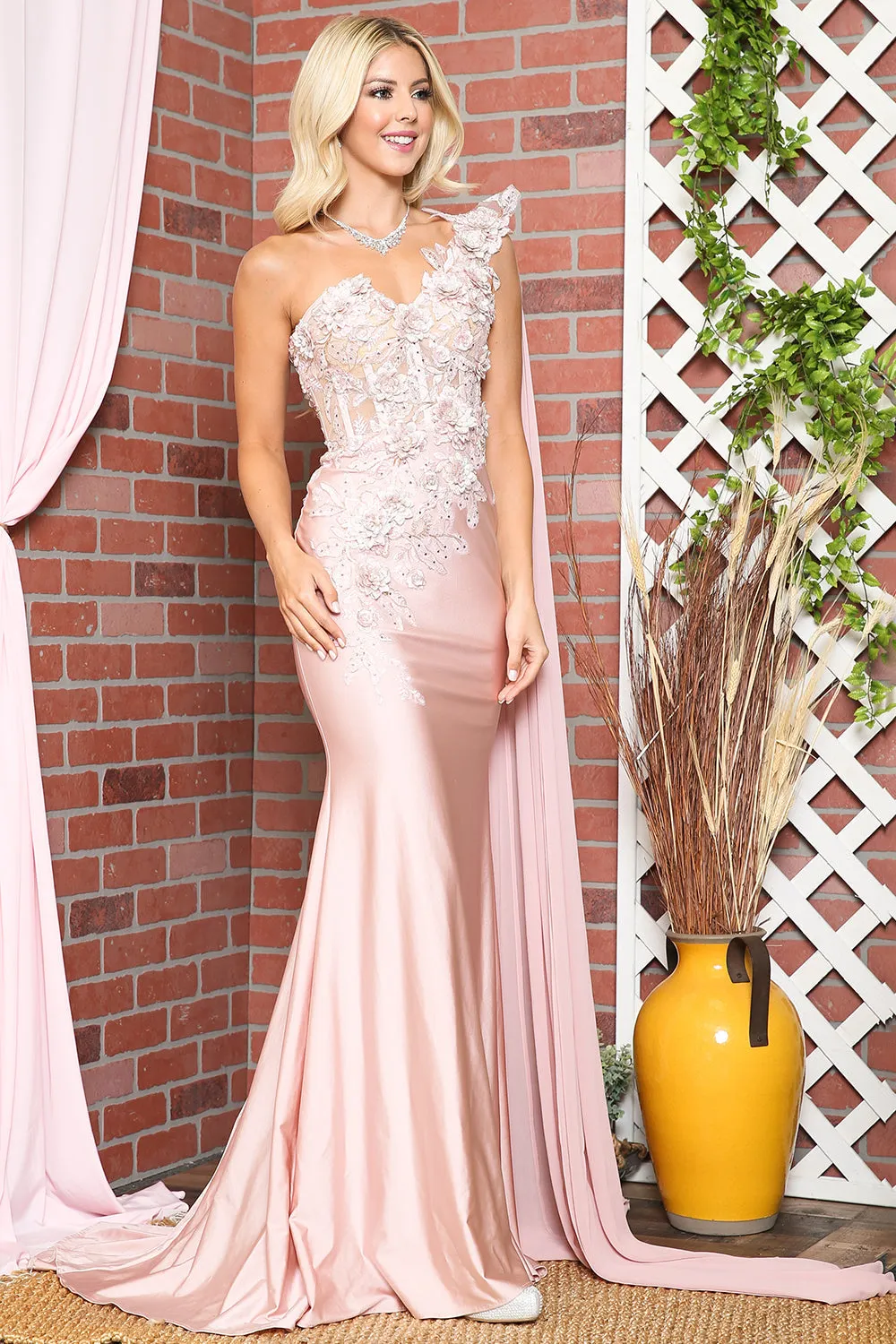 Strap One Shoulder 3D Floral Applique Mermaid Long Formal Dress