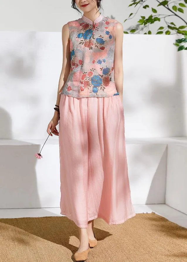 Summer  elastic waist pink temperament wide-leg pants