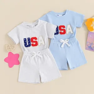 Toddler Baby Boy 2Pcs USA 4th of July Outfits Short Sleeve Letter Embroidery Top   Shorts Set Summer Clothes