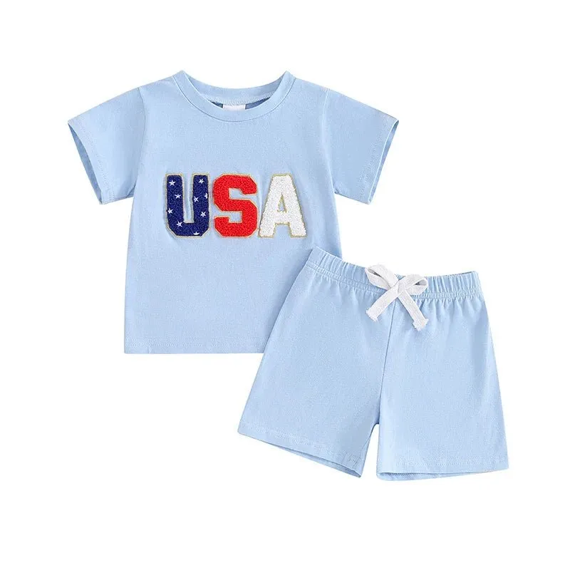 Toddler Baby Boy 2Pcs USA 4th of July Outfits Short Sleeve Letter Embroidery Top   Shorts Set Summer Clothes
