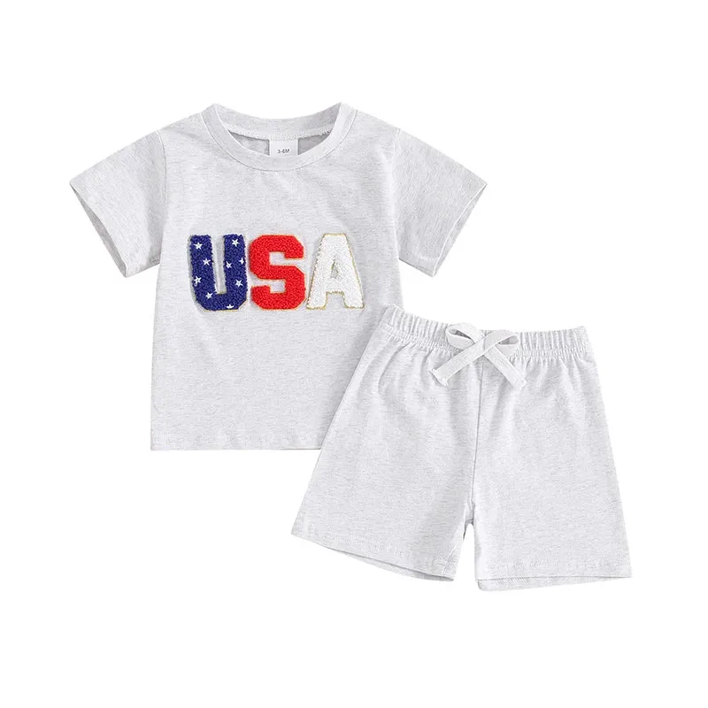 Toddler Baby Boy 2Pcs USA 4th of July Outfits Short Sleeve Letter Embroidery Top   Shorts Set Summer Clothes