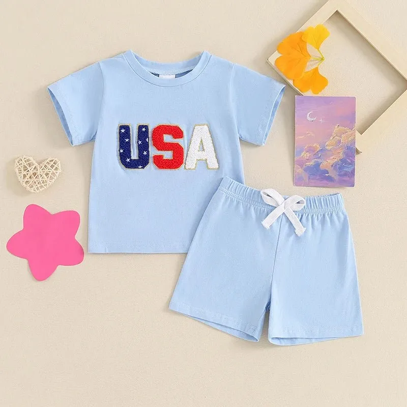 Toddler Baby Boy 2Pcs USA 4th of July Outfits Short Sleeve Letter Embroidery Top   Shorts Set Summer Clothes
