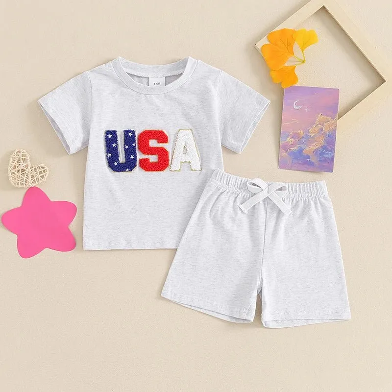 Toddler Baby Boy 2Pcs USA 4th of July Outfits Short Sleeve Letter Embroidery Top   Shorts Set Summer Clothes