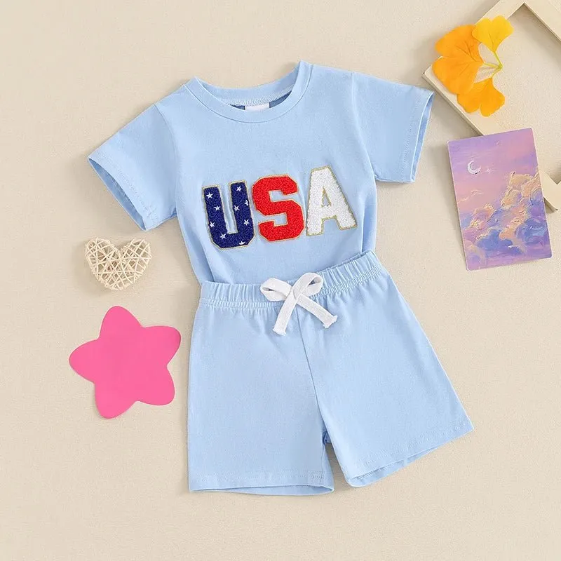 Toddler Baby Boy 2Pcs USA 4th of July Outfits Short Sleeve Letter Embroidery Top   Shorts Set Summer Clothes