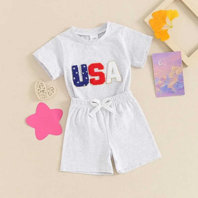 Toddler Baby Boy 2Pcs USA 4th of July Outfits Short Sleeve Letter Embroidery Top   Shorts Set Summer Clothes