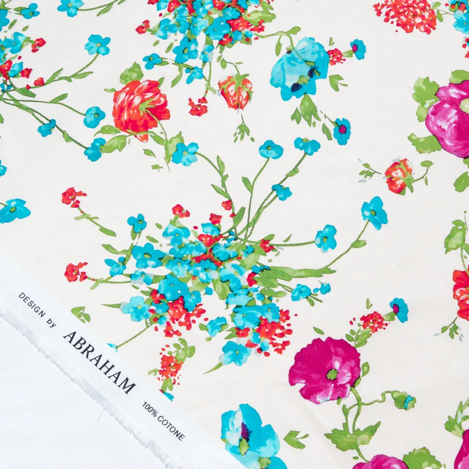 Turquoise Floral Spray Printed Luxury Cotton