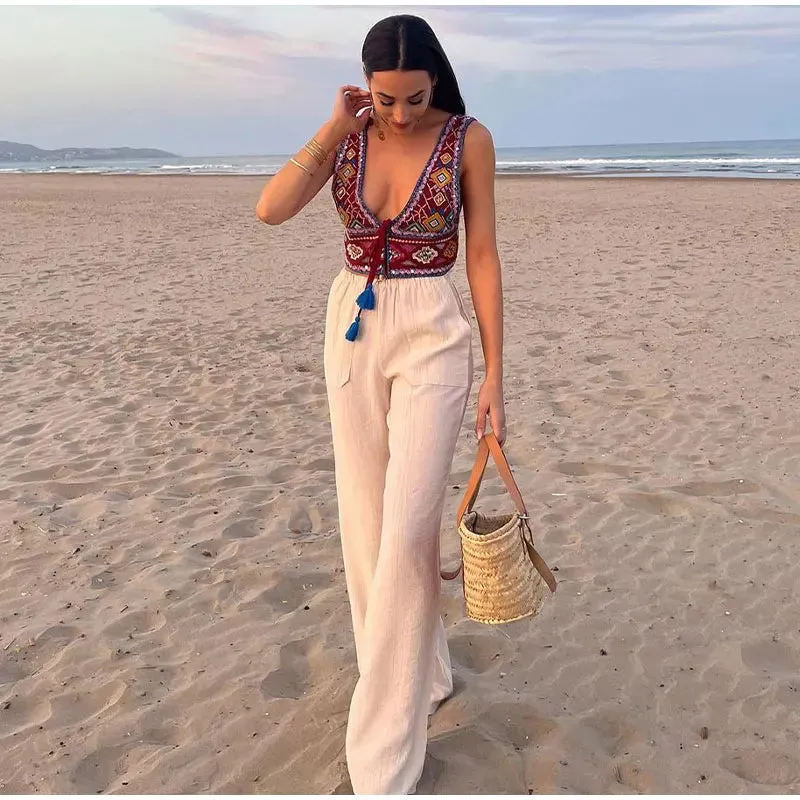 Vintage Style V-Neck Sleeveless Front Tied Crop Tops