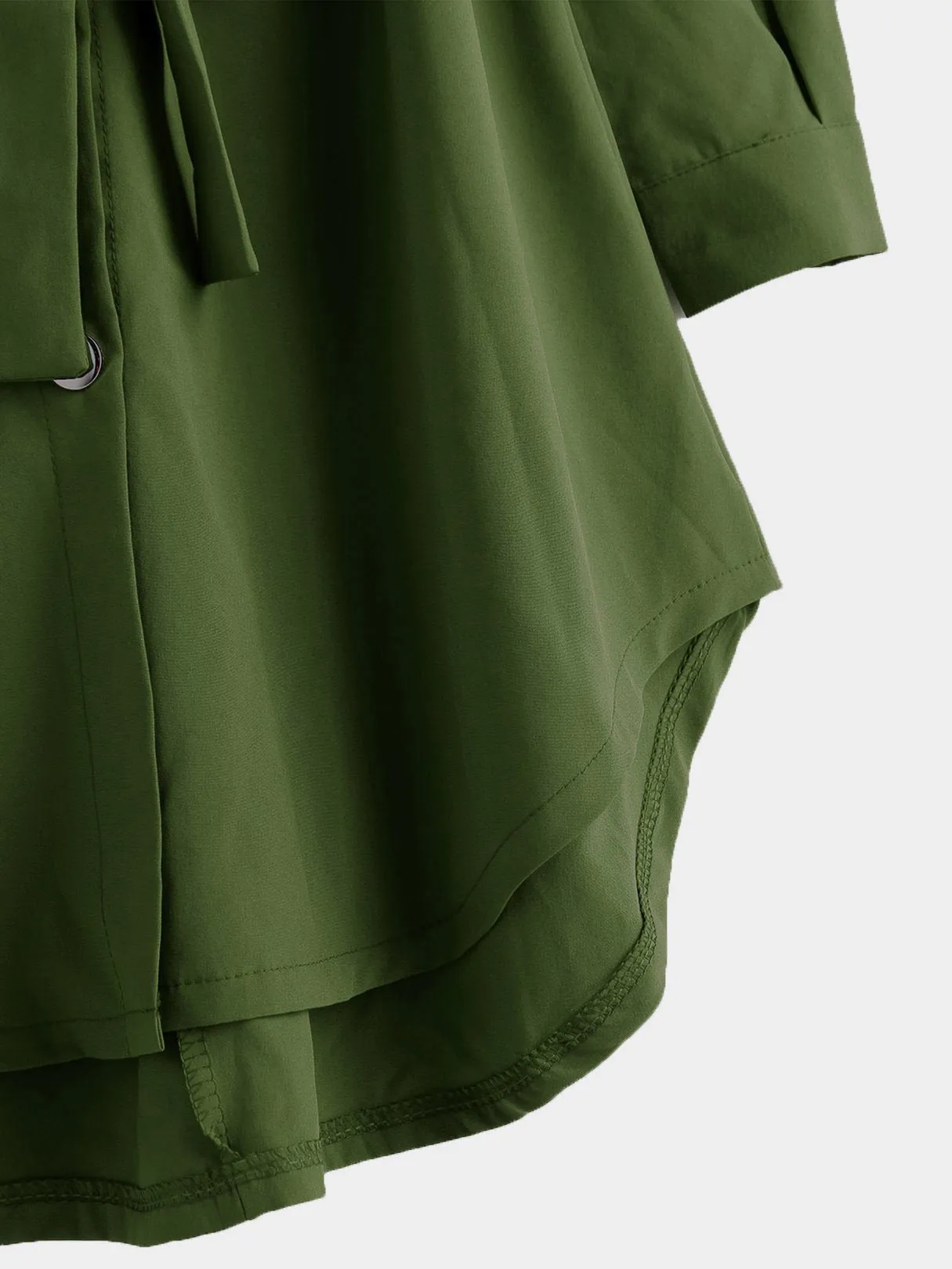Wholesale Army Green Classic Collar Long Sleeve Plain Lace-Up Irregular Hem Mini Dress