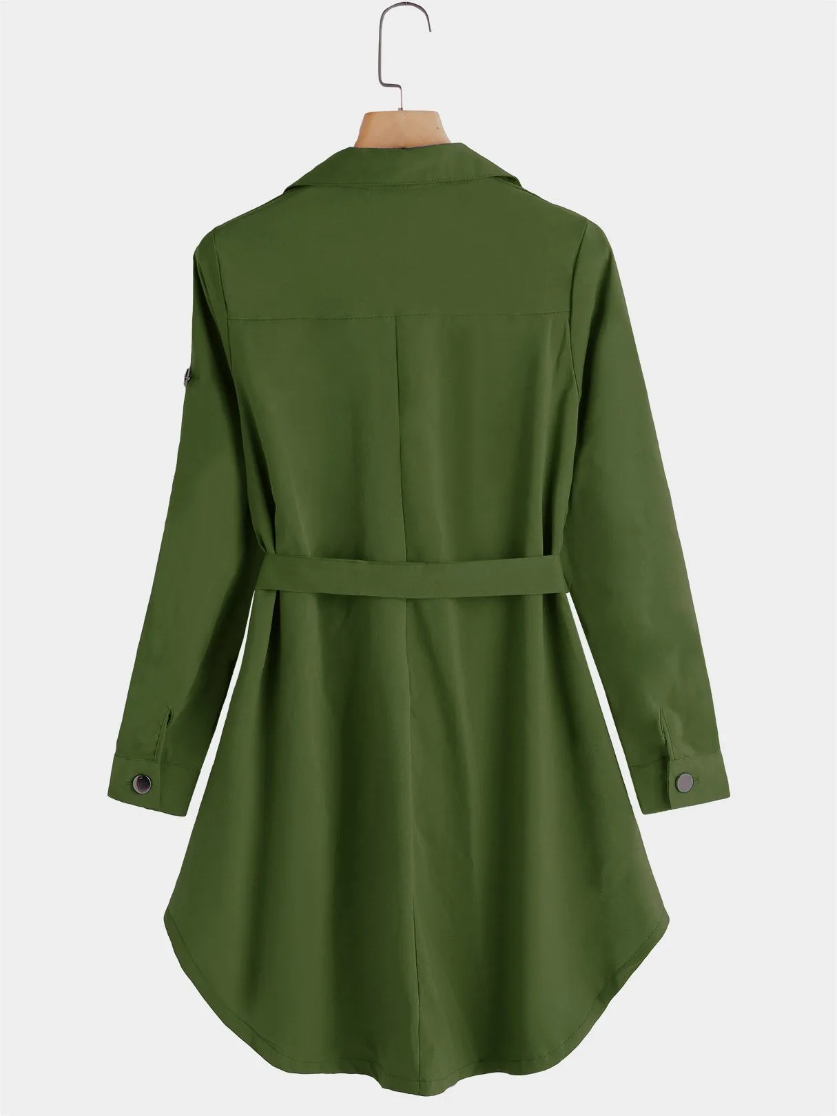 Wholesale Army Green Classic Collar Long Sleeve Plain Lace-Up Irregular Hem Mini Dress