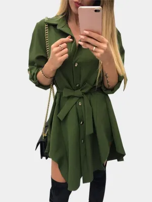 Wholesale Army Green Classic Collar Long Sleeve Plain Lace-Up Irregular Hem Mini Dress