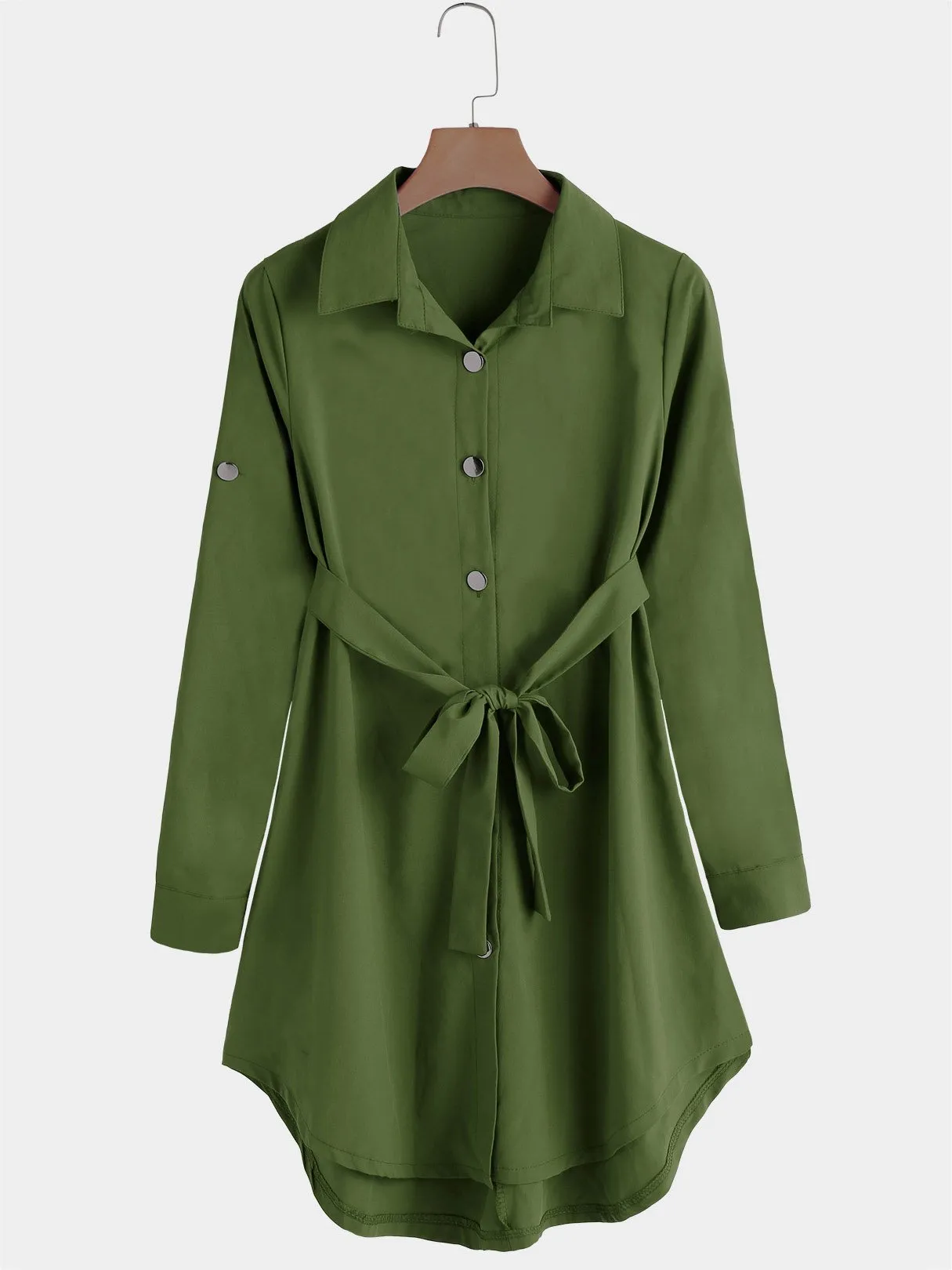 Wholesale Army Green Classic Collar Long Sleeve Plain Lace-Up Irregular Hem Mini Dress