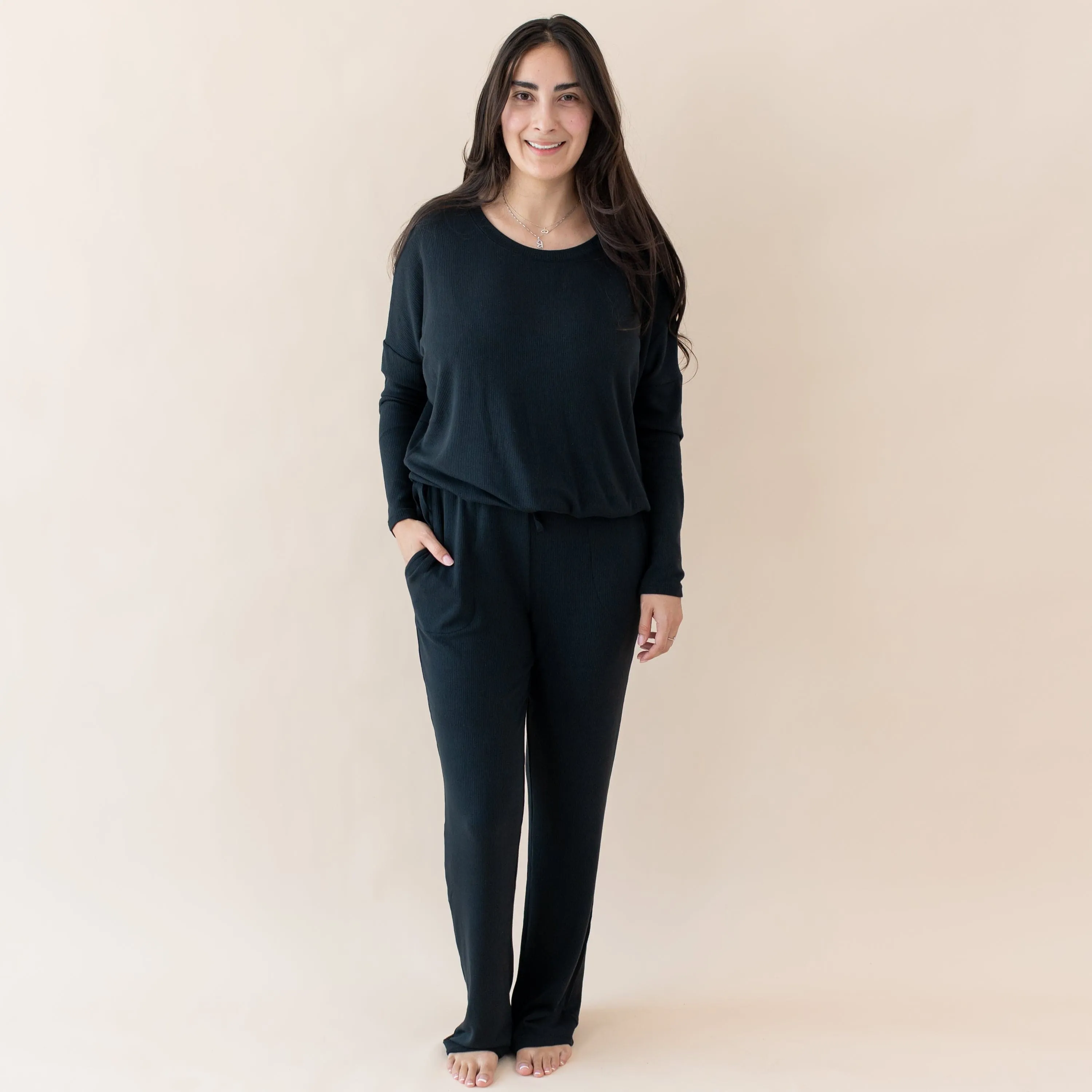 Women's Ribbed High Waisted Wide Leg Pant in Midnight
