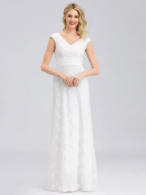 Women's V-Neck Floral Lace Wedding Dress with Cap Sleeve