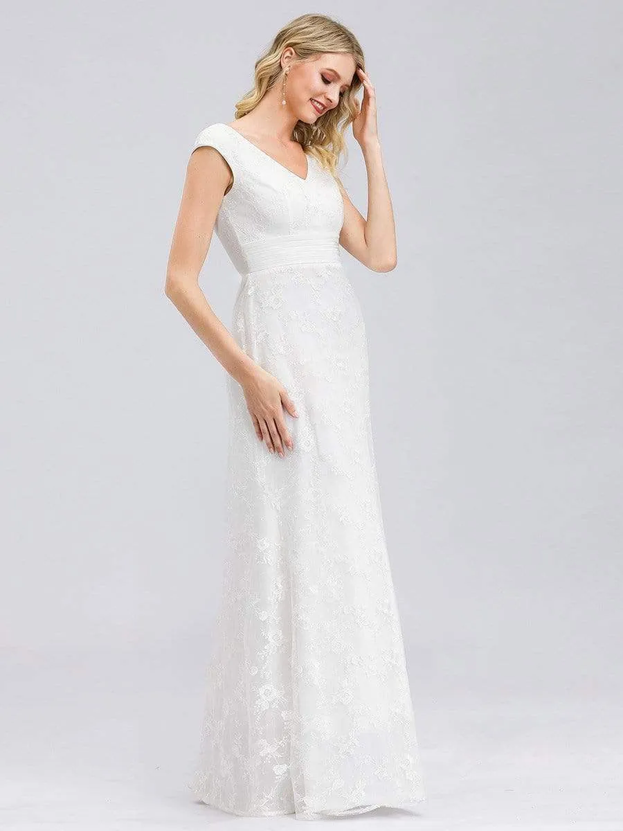Women's V-Neck Floral Lace Wedding Dress with Cap Sleeve