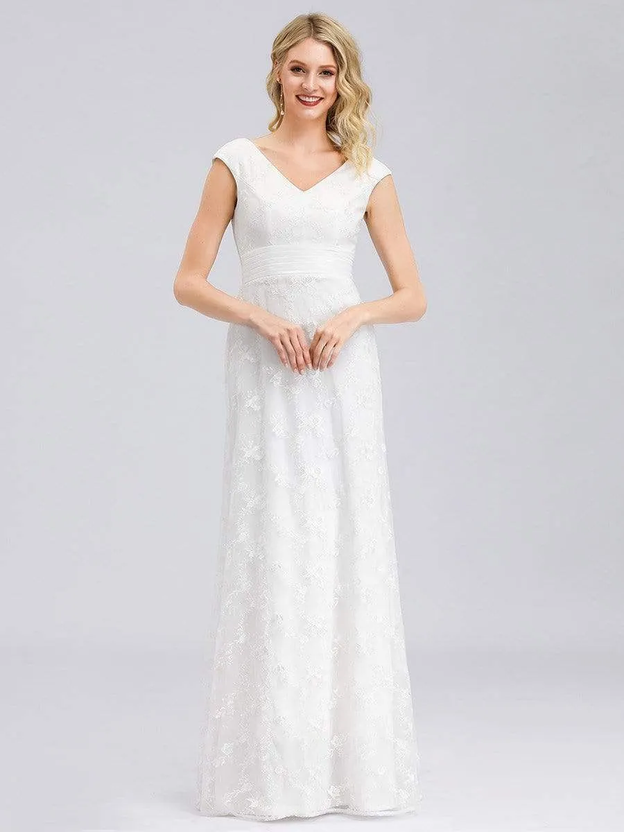 Women's V-Neck Floral Lace Wedding Dress with Cap Sleeve