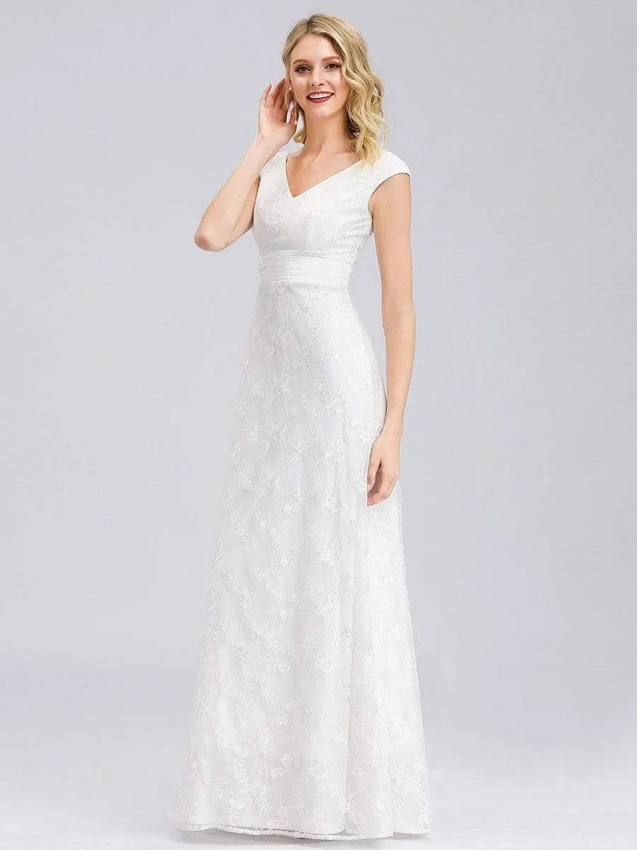 Women's V-Neck Floral Lace Wedding Dress with Cap Sleeve