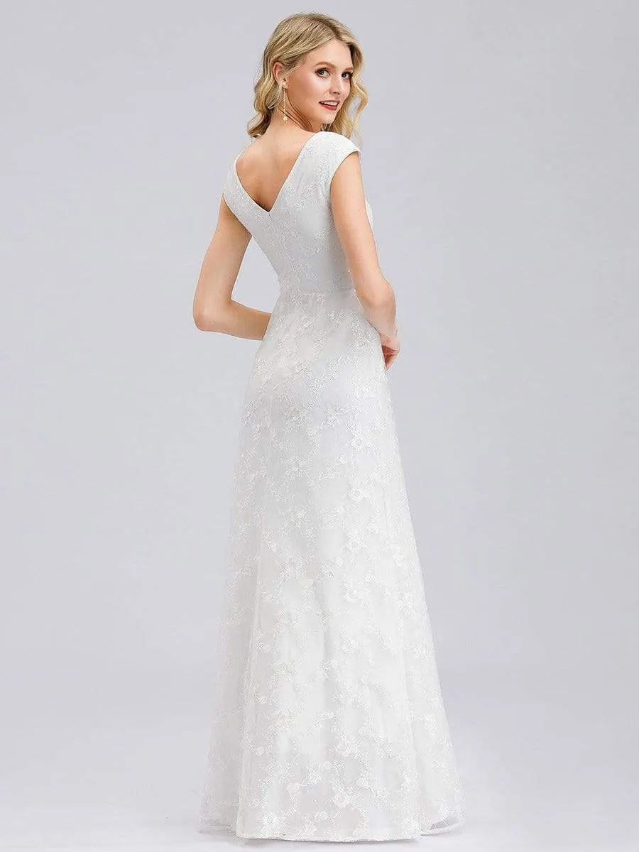 Women's V-Neck Floral Lace Wedding Dress with Cap Sleeve