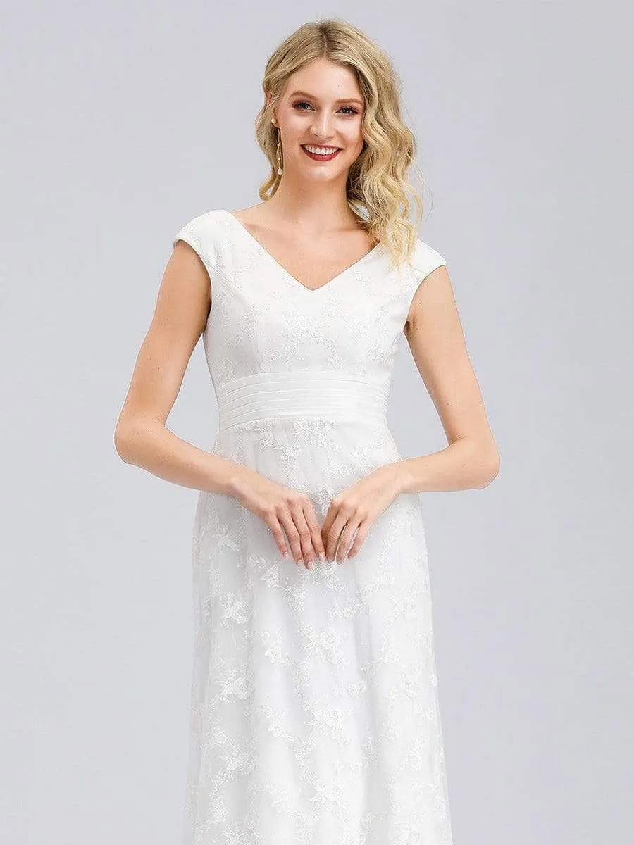 Women's V-Neck Floral Lace Wedding Dress with Cap Sleeve